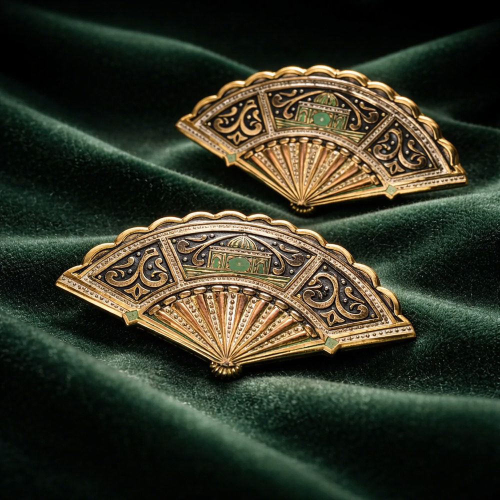 Vintage Art Deco Style Fan Brooch Pair Gold Tone Enamel Pins